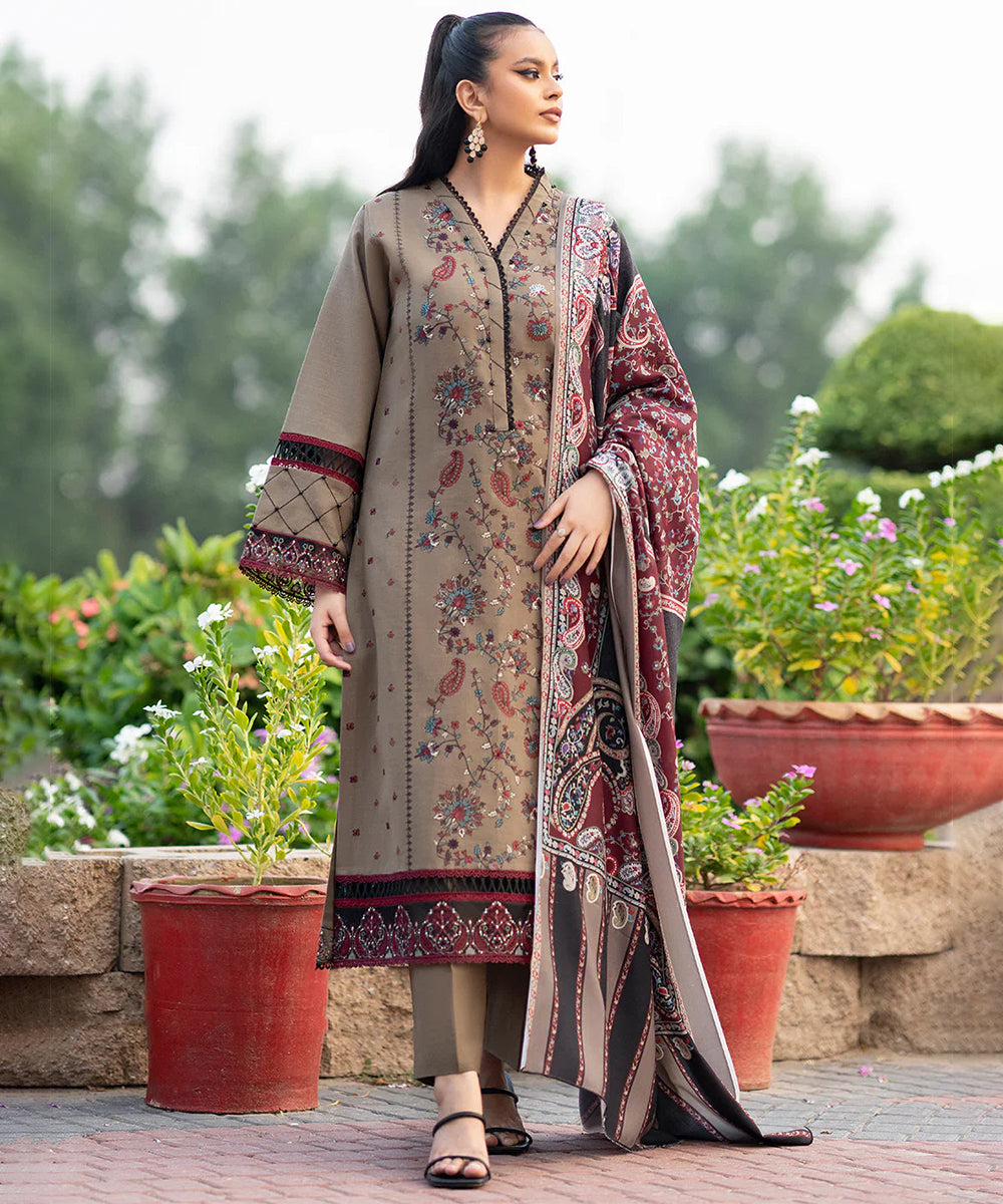 Dhanak 3PC Embroidered With Printed Wool Shawl-254