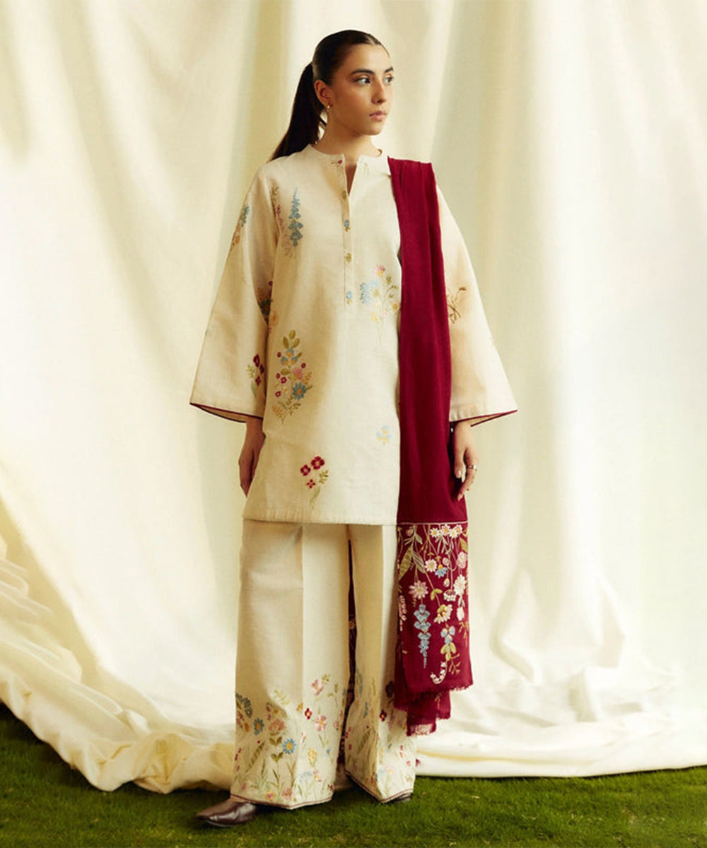 ZARA SHAHJAHAN 3PC Dhanak Embroidered Shirt With Embroidered Shawl-278