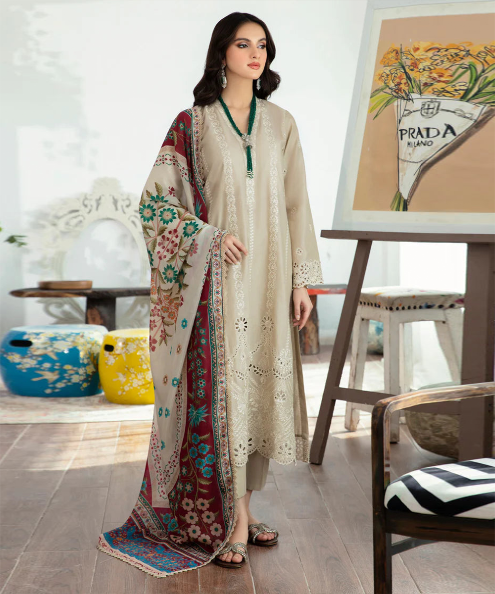 Dhanak 3PC Chickenkari Embroidered Shirt With Print Shawl-663