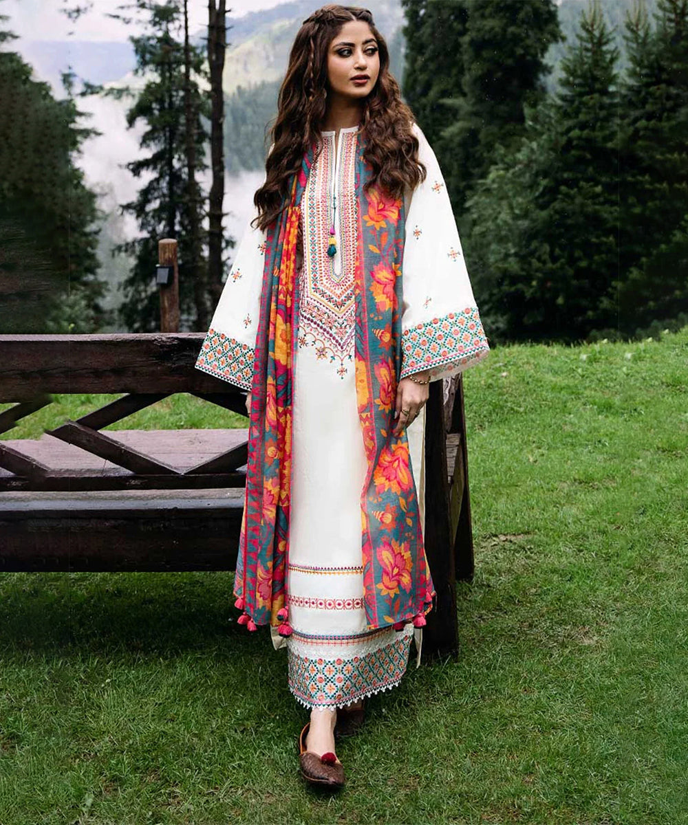 Sapphire Dhanak 3PC Embroidered With Printed Wool Shawl-255