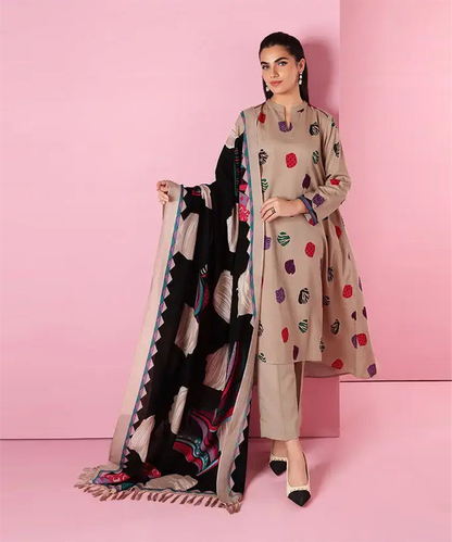 NISHAT Dhanak 3PC Embroidered With Digital Printed Wool Shawl-178