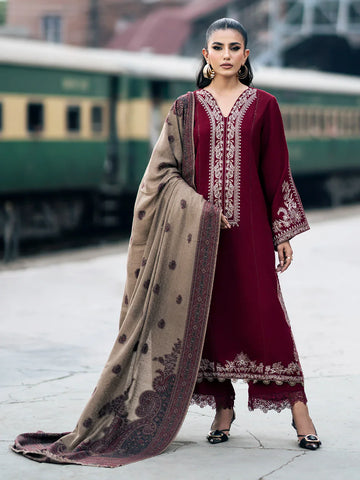 IZEL Dhanak 3PC Embroidered With Digital Printed Wool Shawl-258