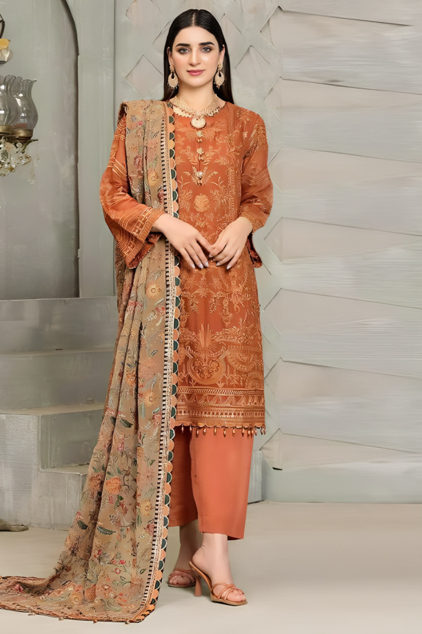 Linen 3PC Embroidered With Chiffon Embroidered Dupatta-672