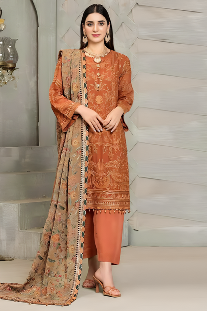 Linen 3PC Embroidered With Chiffon Embroidered Dupatta-672