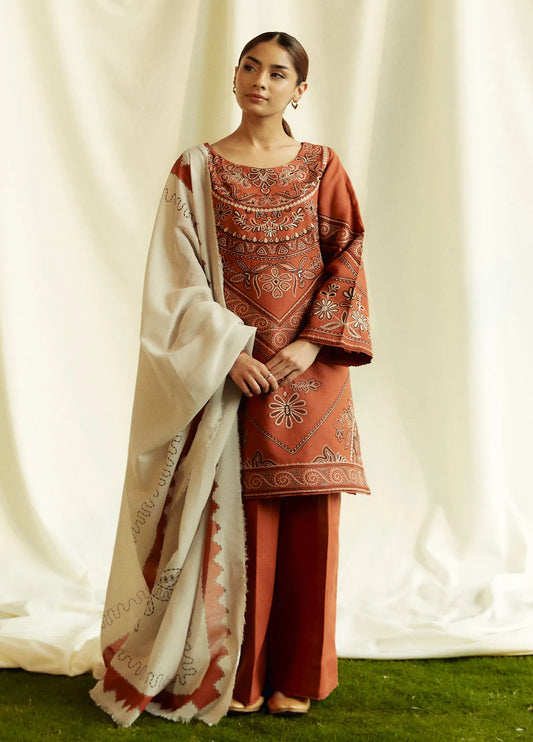 ZARA SHAHJAHAN 3PC Dhanak Embroidered Shirt With Digital Printed Shawl-280